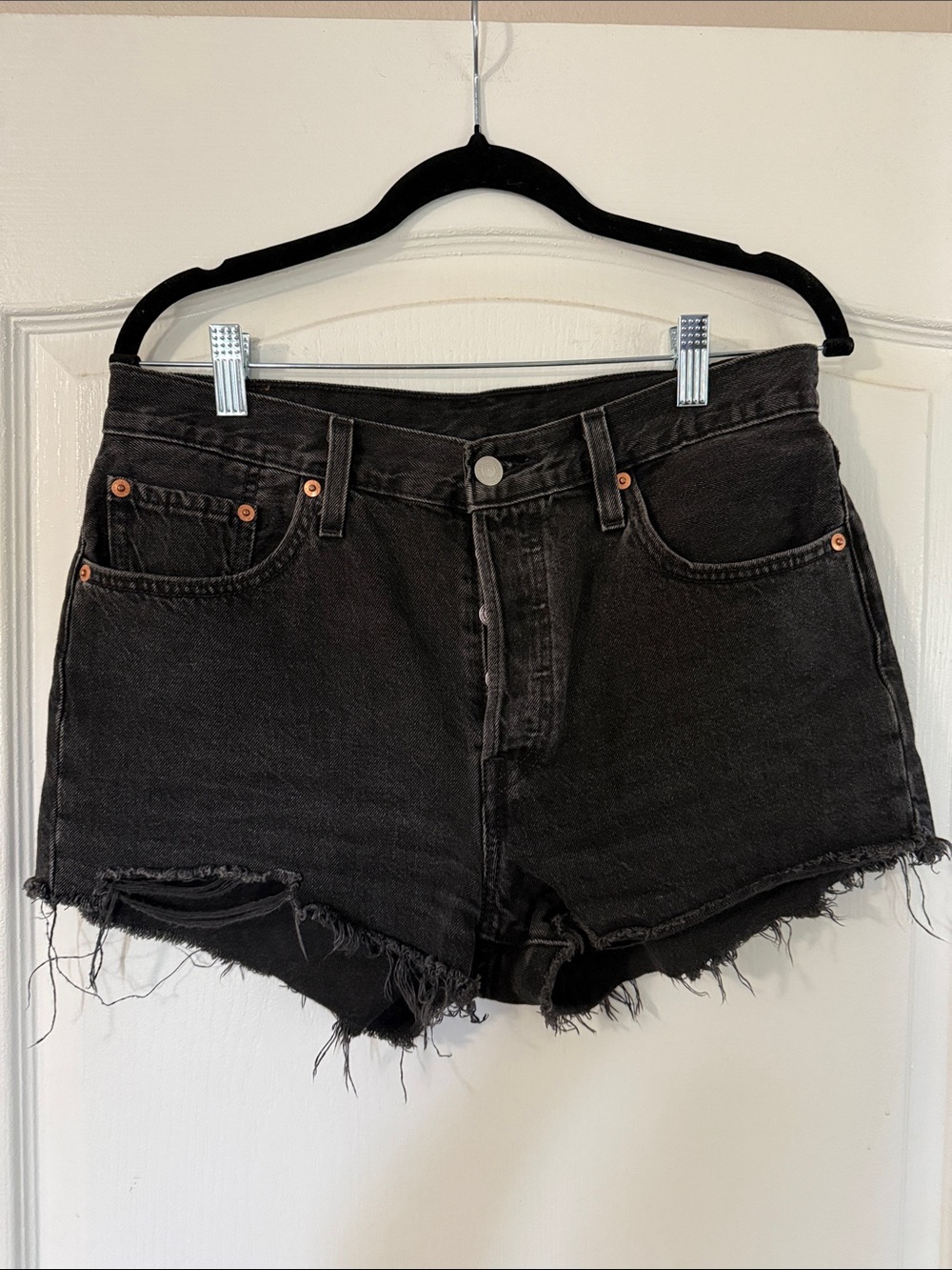 Levi's Black High-Rise Distressed Denim Shorts